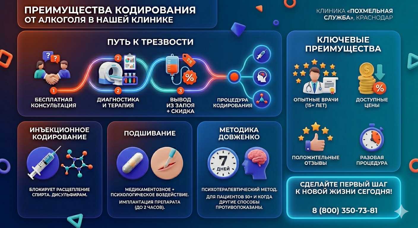Инфографика о методах кодирования от алкоголя в Чиколе: инъекции, подшивание, метод Довженко. Преимущества клиники и этапы лечения.