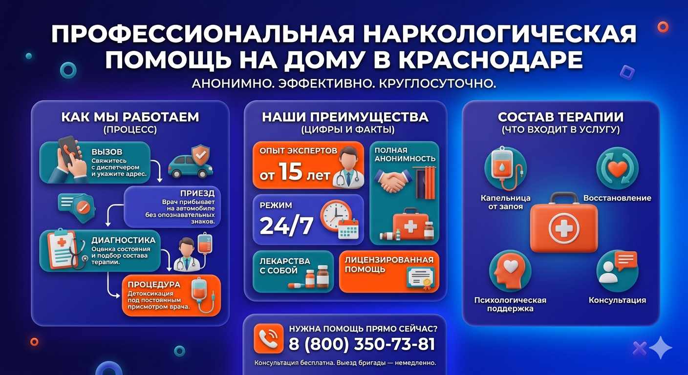 Инфографика о принципах лечения алкоголизма на дому в Чиколе: этапы вызова нарколога, преимущества анонимной детоксикации и состав медицинской помощи.